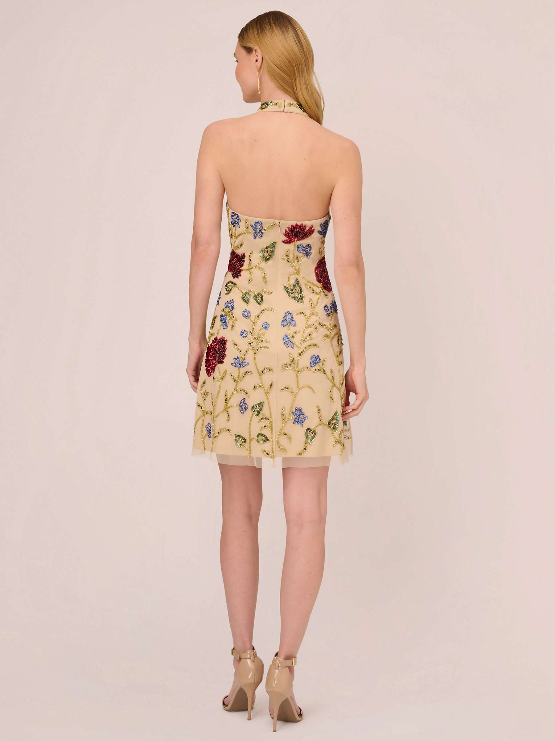 Buy Adrianna Papell Floral Beaded Halterneck Dress, Light Champagne Online at johnlewis.com