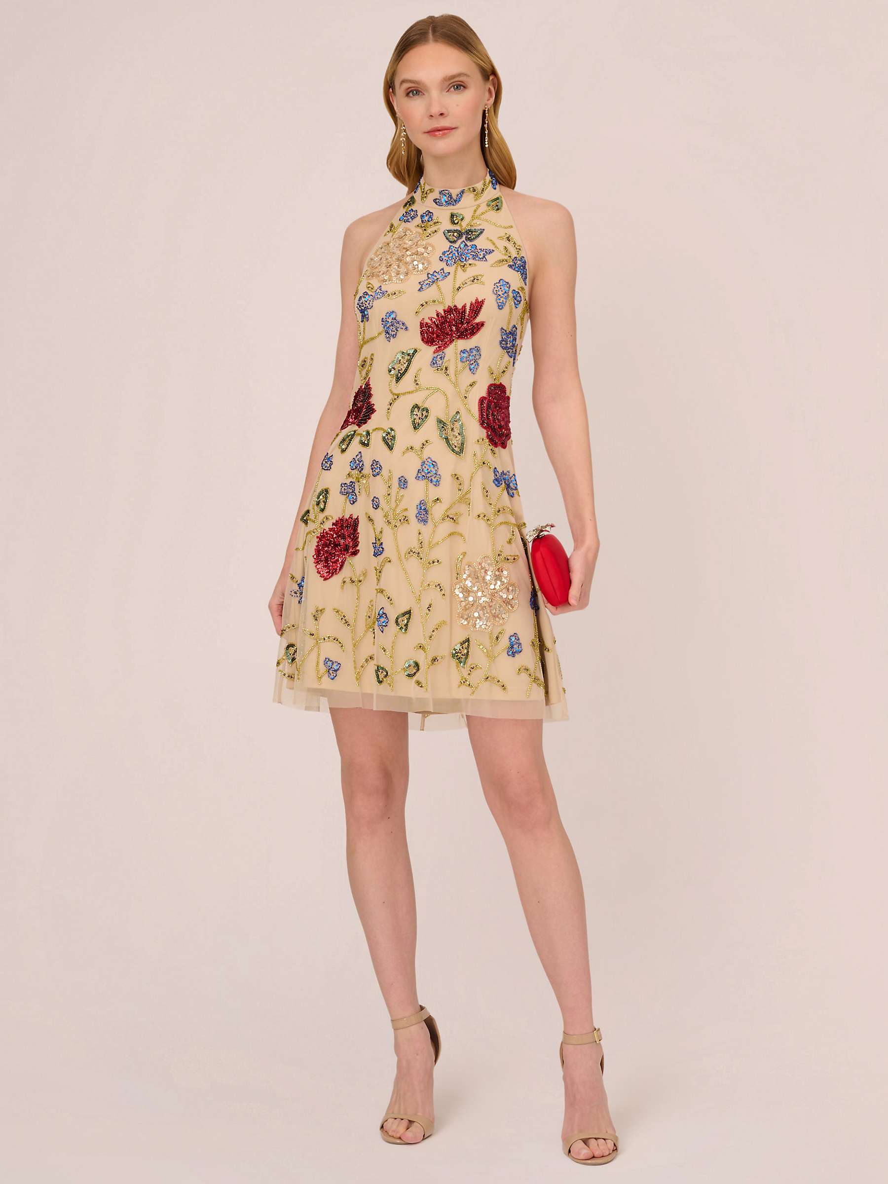 Buy Adrianna Papell Floral Beaded Halterneck Dress, Light Champagne Online at johnlewis.com