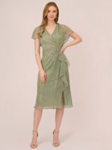 Adrianna Papell Metallic Crinkle Ruffle Dress Green Slate