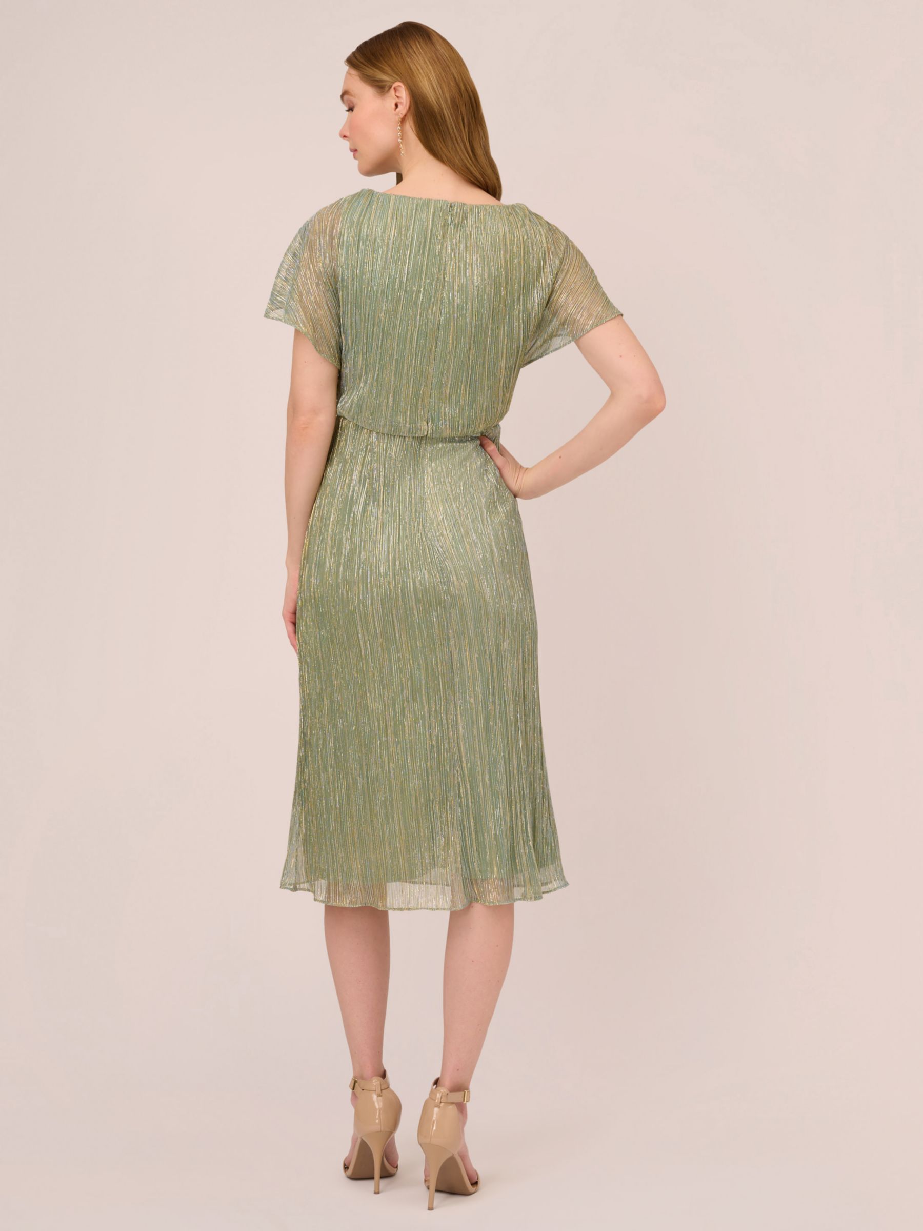 Adrianna Papell Metallic Crinkle Ruffle Dress, Green Slate, 8