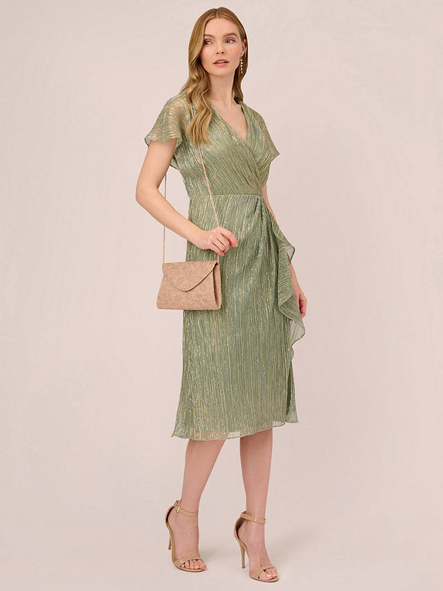 Adrianna Papell Metallic Crinkle Ruffle Dress, Green Slate