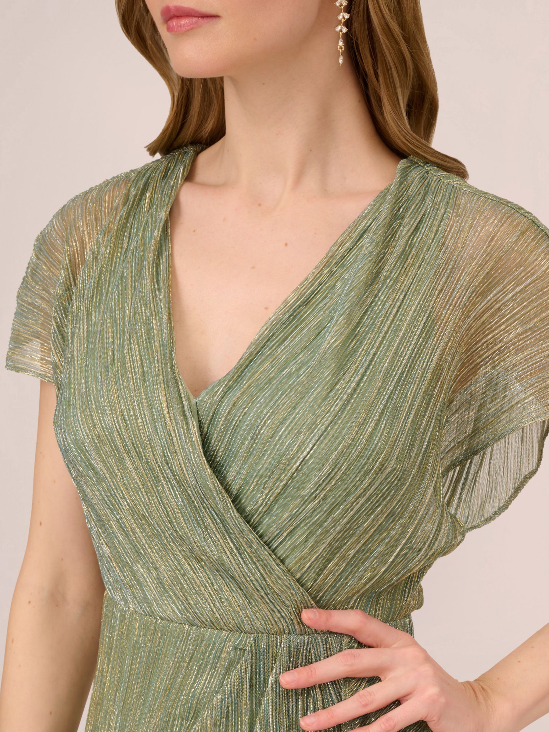 Adrianna Papell Metallic Crinkle Ruffle Dress, Green Slate, 8