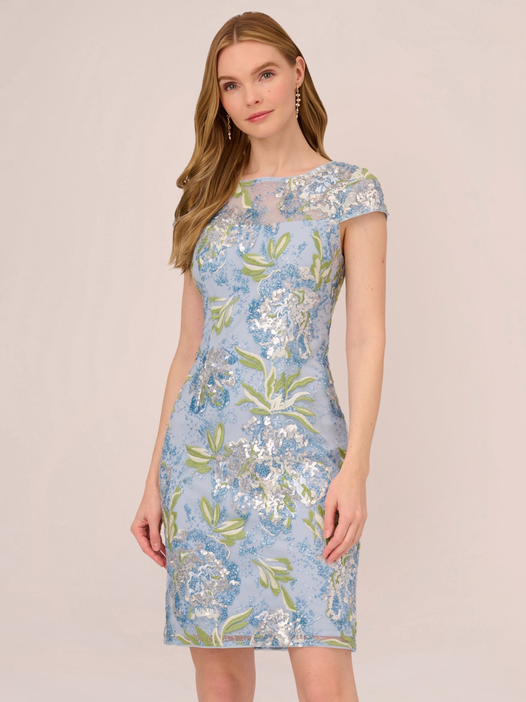 Adrianna Papell Embroidered Floral Sheath Dress Blue Green Multi