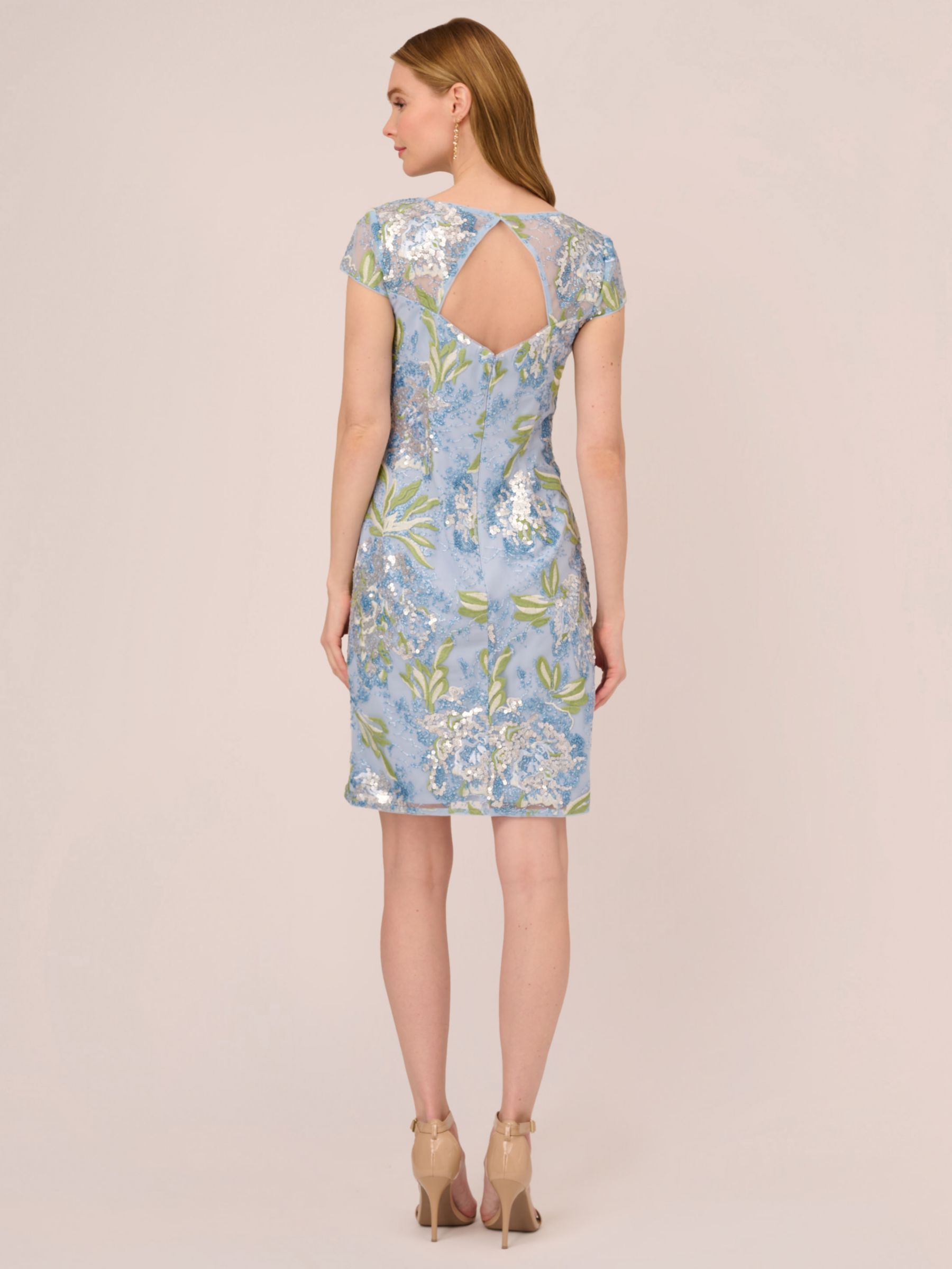 Adrianna Papell Embroidered Floral Sheath Dress Blue Green Multi