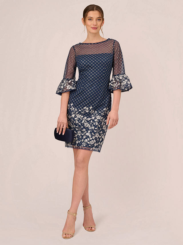 Adrianna Papell Floral Embroidery Border Dress, Navy/Ivory