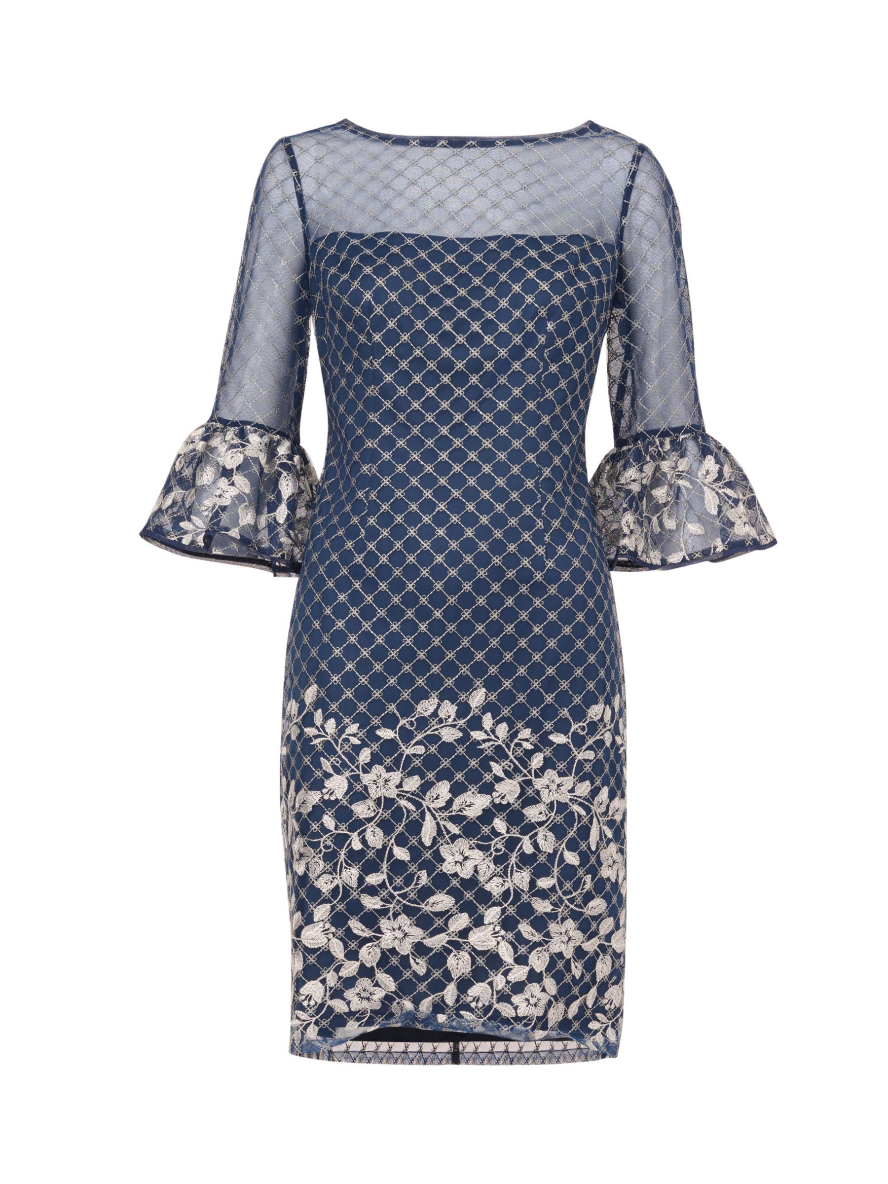 Adrianna Papell Floral Embroidery Border Dress Navy Ivory