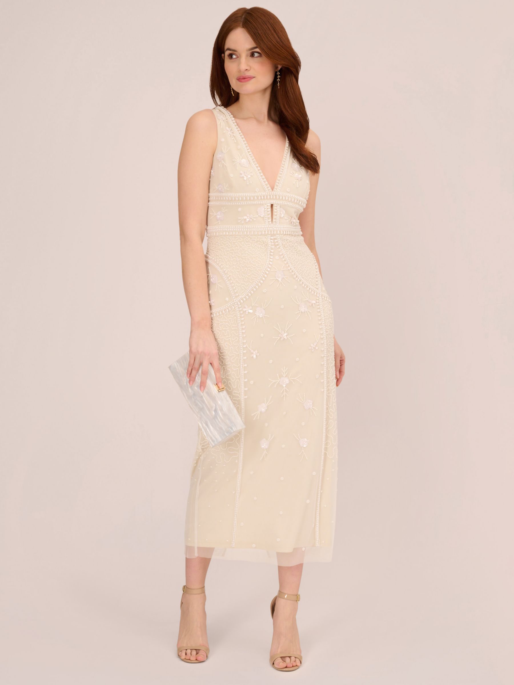 Adrianna Papell Beaded Ankle Length Dress, Light Champagne at John Lewis &  Partners