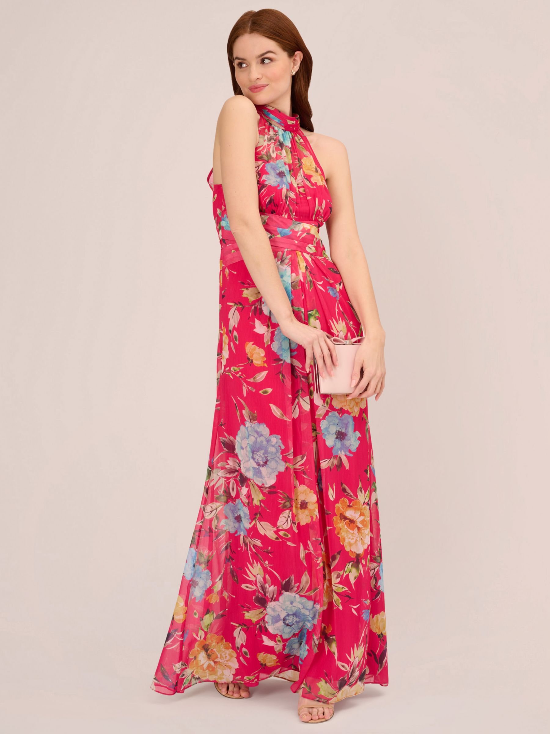 Adrianna Papell Floral Chiffon Halterneck Dress, Pink/Multi, 8
