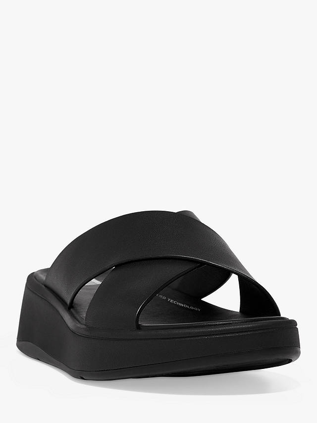 FitFlop F-Mode Leather Cross Flatform Slides, All Black