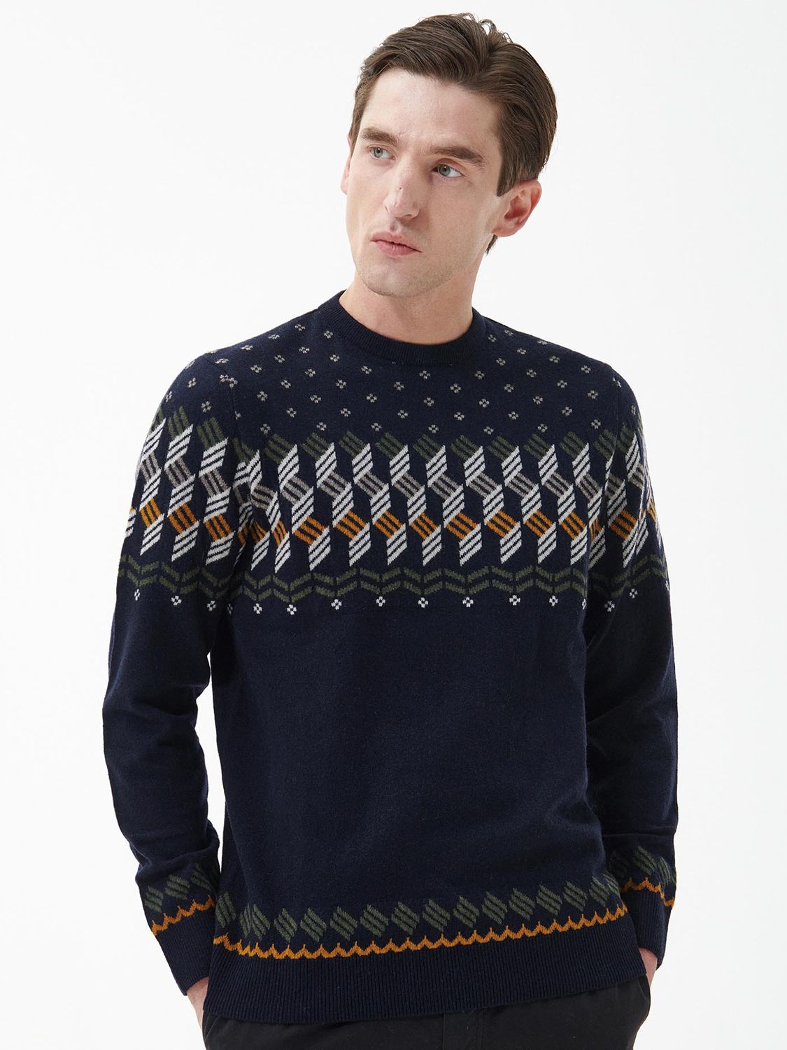 Barbour Abstract Fair Isle Crew Neck Jumper, Navy at John Lewis & Partners
