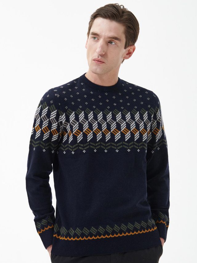 Barbour Abstract Fair Isle Crew Neck Jumper, Navy, S