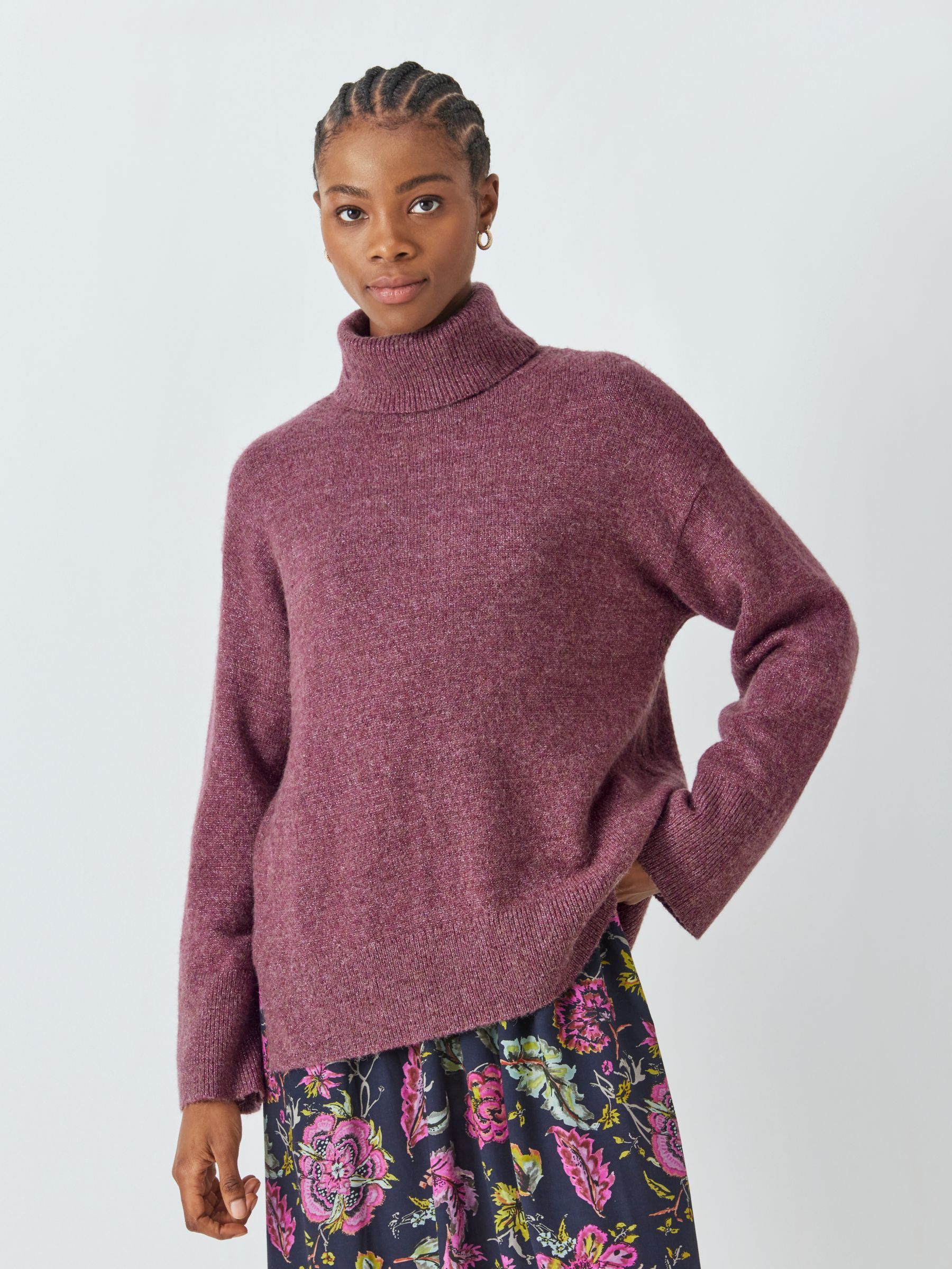 AND/OR Lucy Metallic Thread Roll Neck Jumper, Eggplant at John Lewis ...