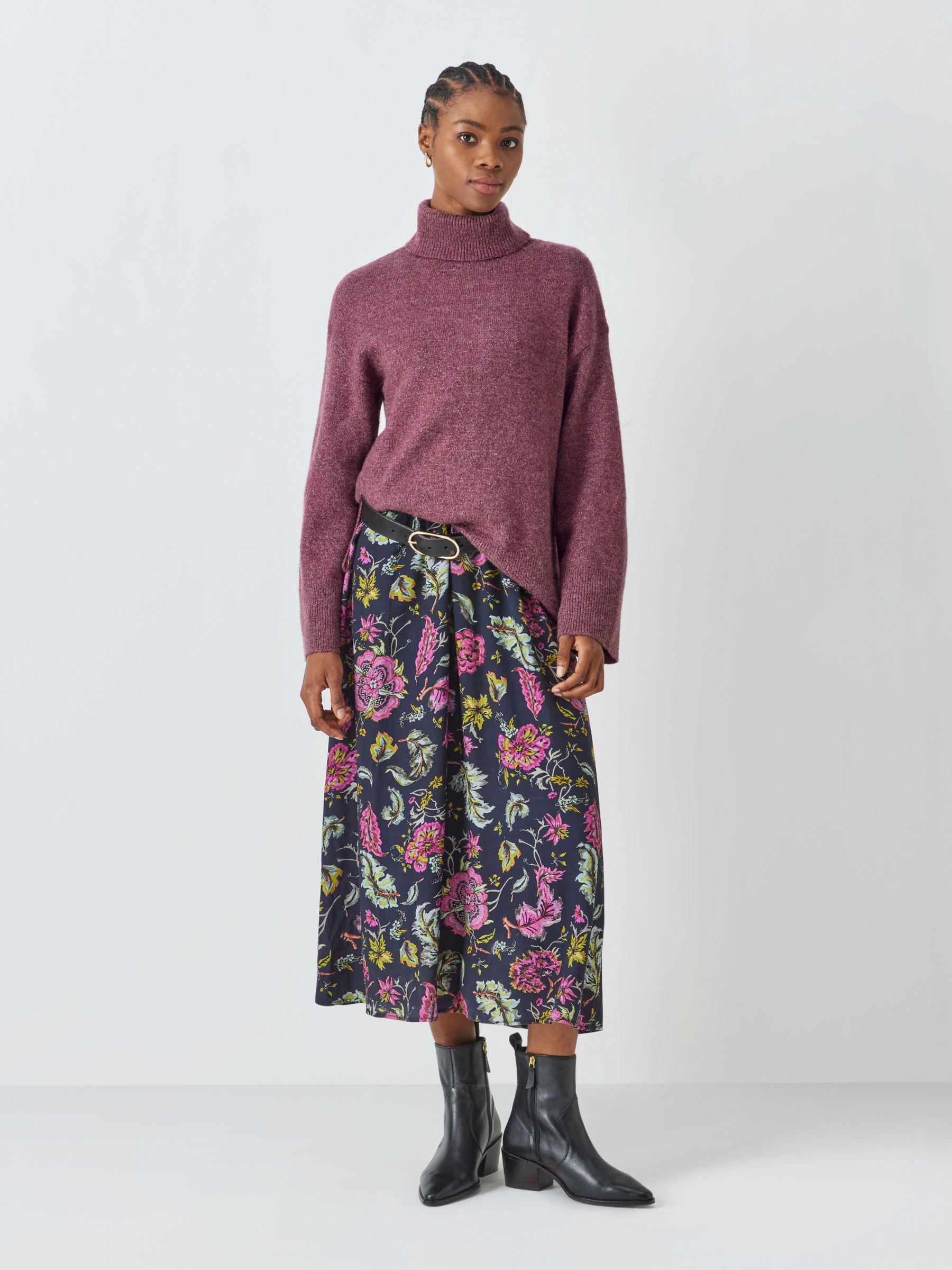 AND/OR Lucy Metallic Thread Roll Neck Jumper, Eggplant at John Lewis ...