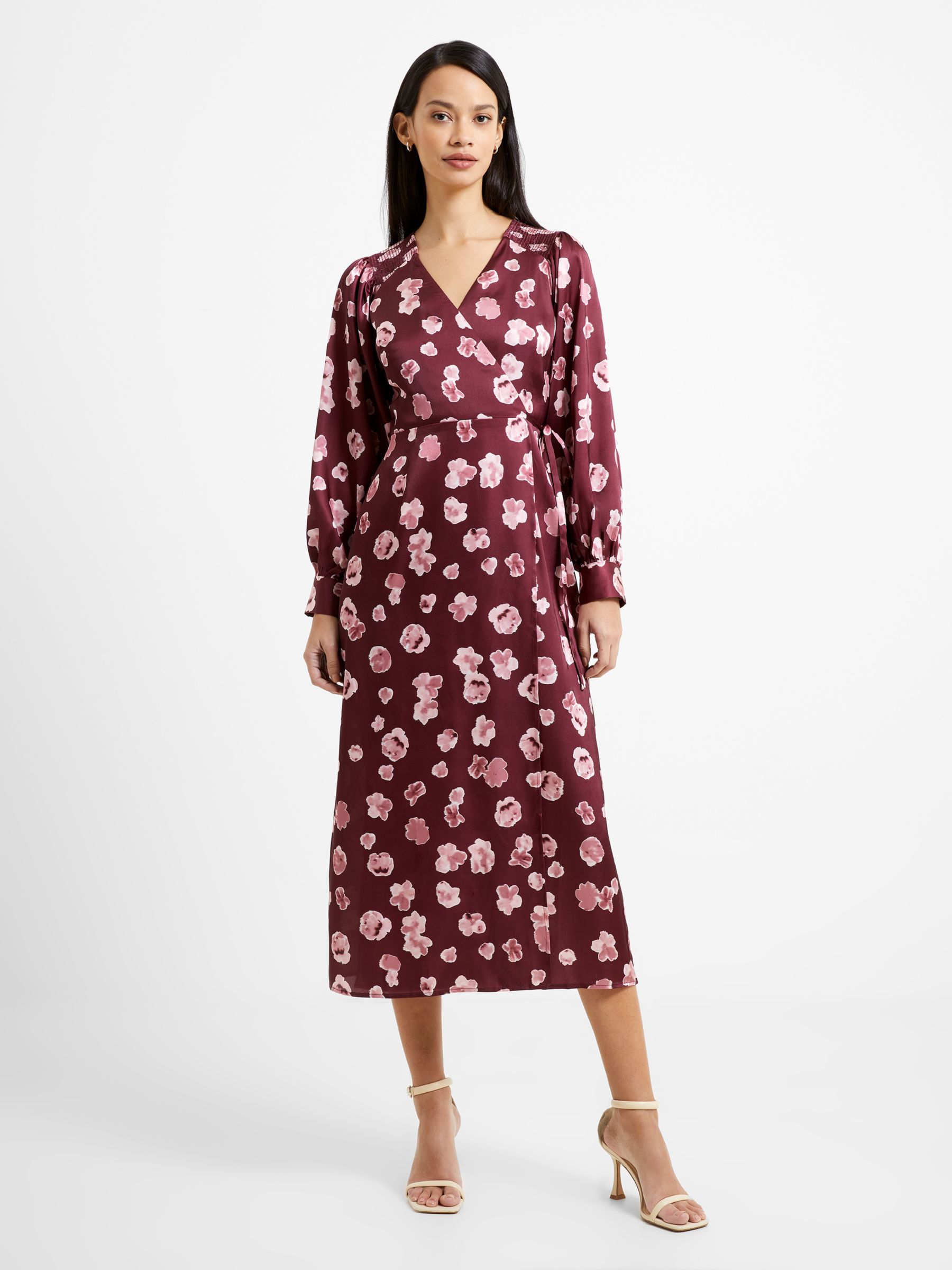 French Connection Bronwen Floral Satin Wrap Dress, Chocolate Truffle, 8