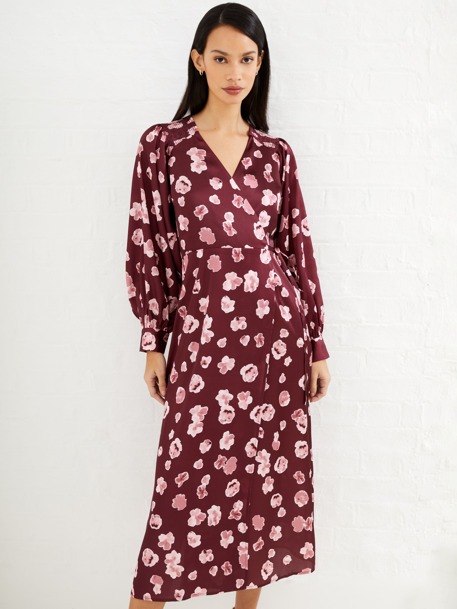French Connection Bronwen Floral Satin Wrap Dress, Chocolate Truffle, 8