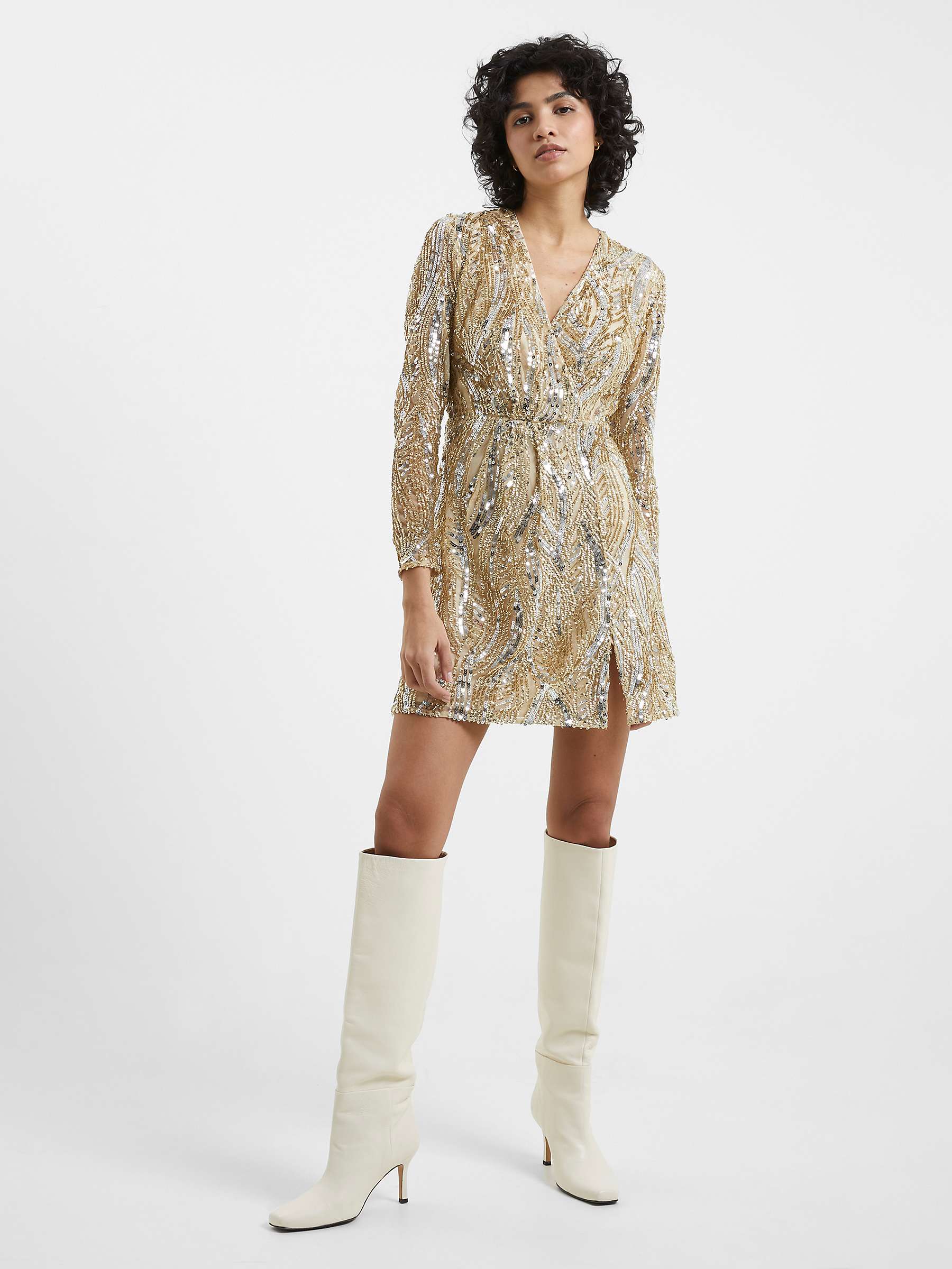 Buy French Connection Deniz Embellished Long Sleeve Mini Dress, Cement/Gold Online at johnlewis.com
