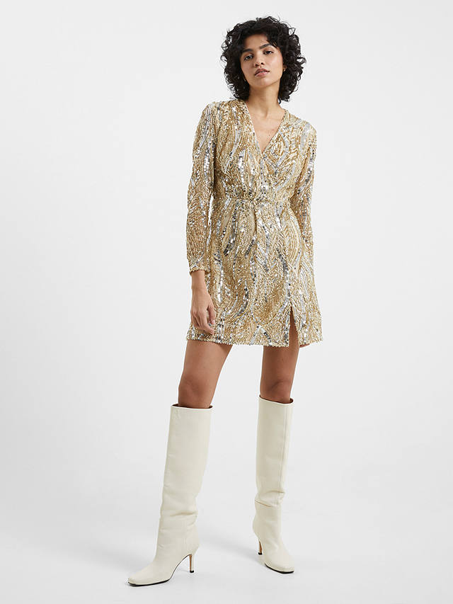 French Connection Deniz Embellished Long Sleeve Mini Dress, Cement/Gold