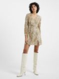 French Connection Deniz Embellished Long Sleeve Mini Dress, Cement/Gold, Cement/Gold