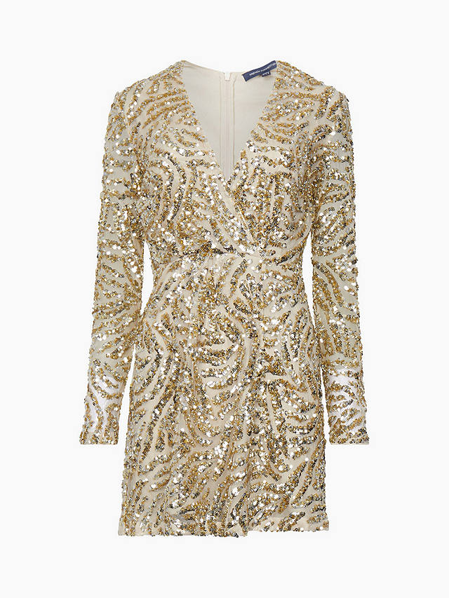 French Connection Deniz Embellished Long Sleeve Mini Dress, Cement/Gold