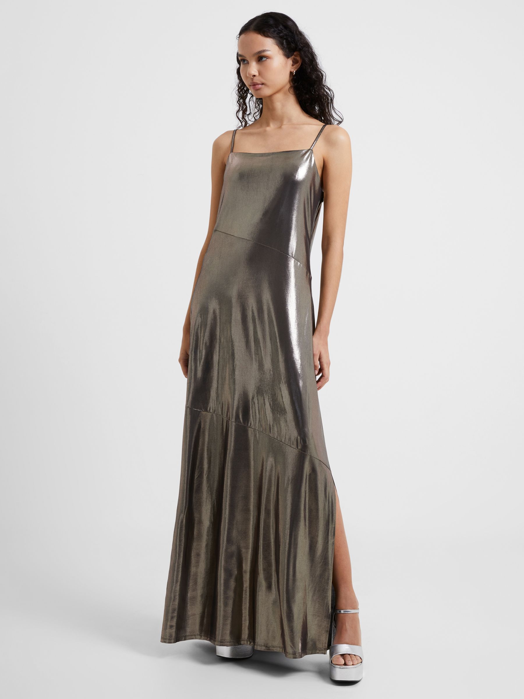 French Connection Ronja Liquid Metal Slip Maxi Dress, Silver, 10