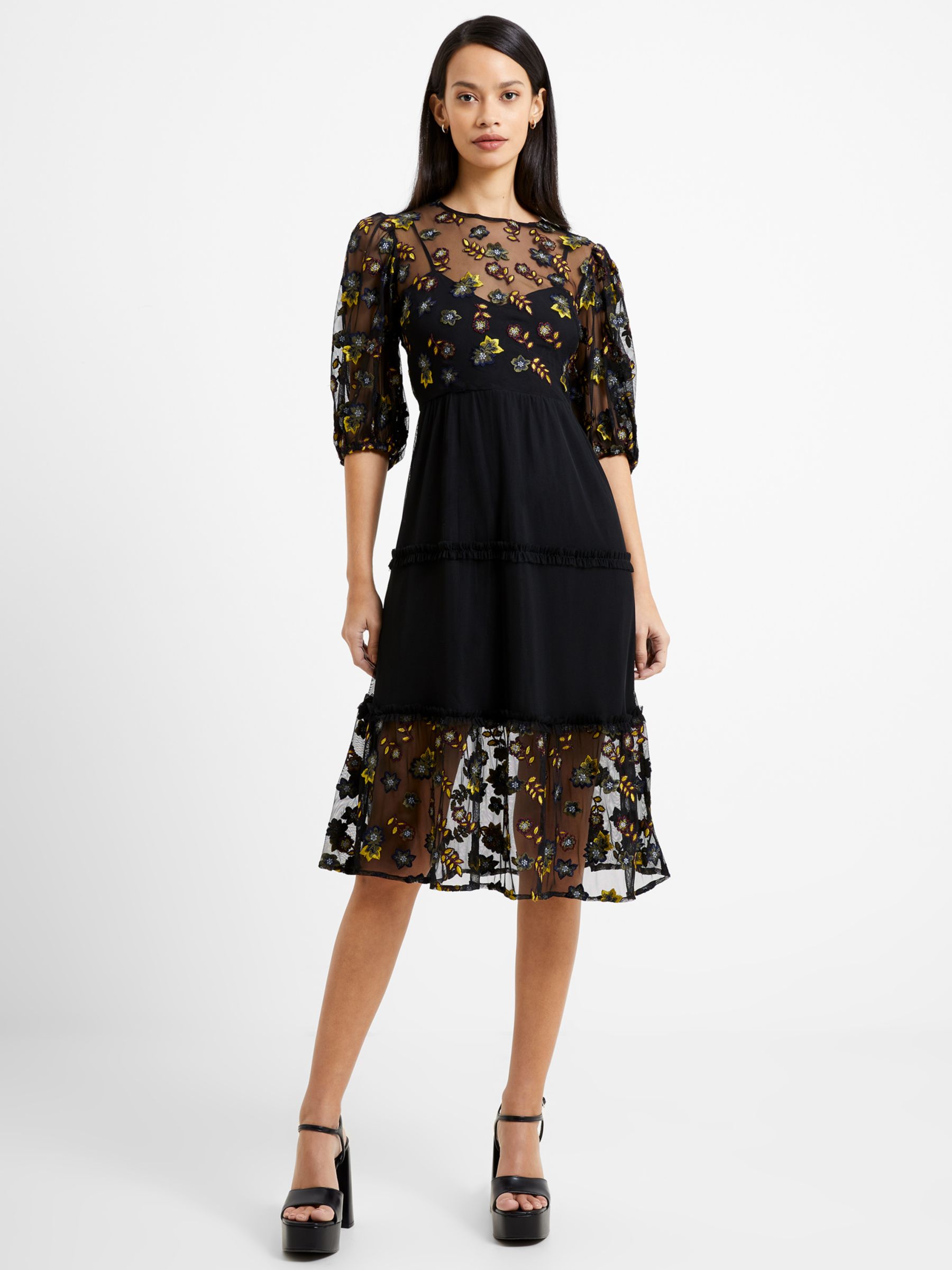 Buy French Connection Camielle Embroidered Midi Dress, Blackout Online at johnlewis.com