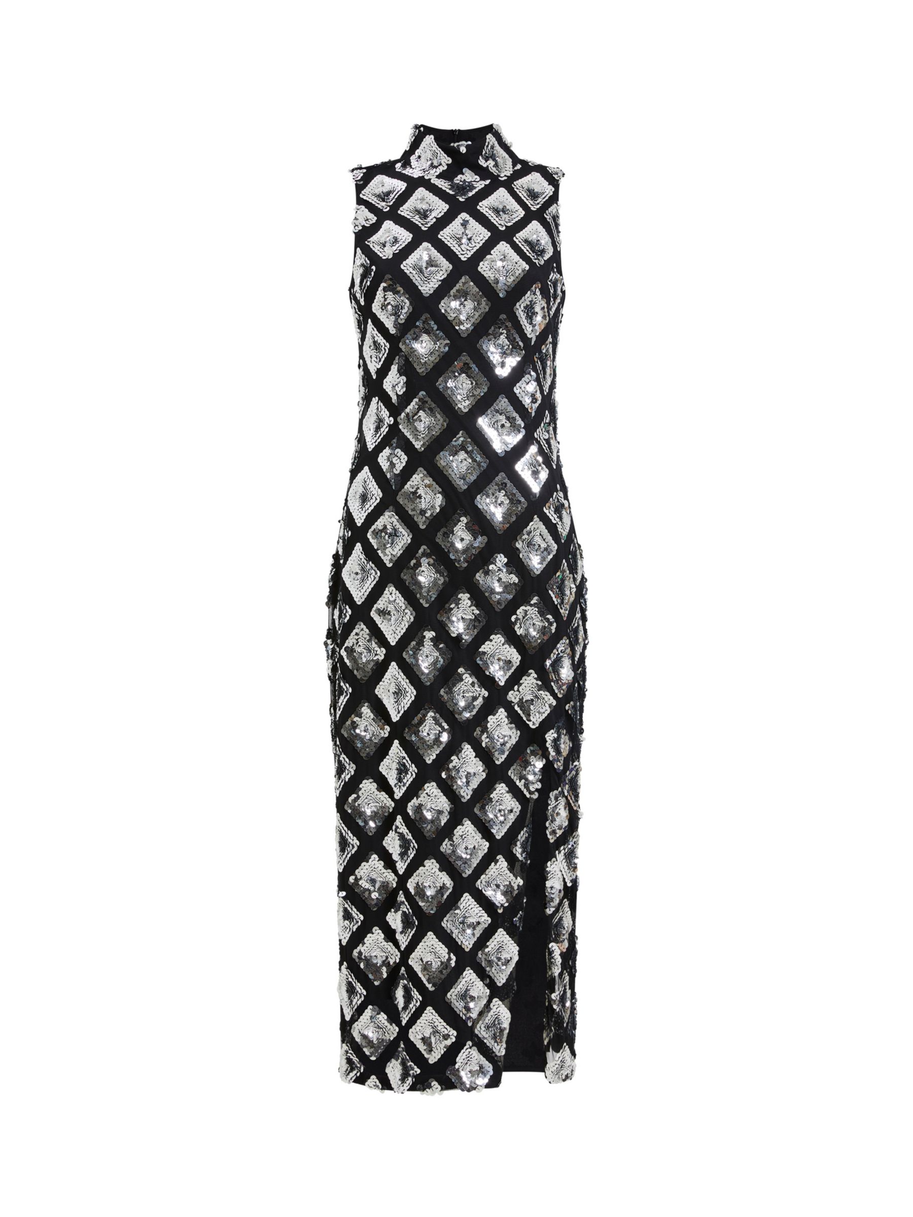 French Connection Axel Embellished Dress, Black/Silver, 14