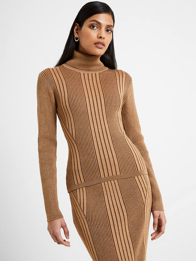 French Connection Mari Roll Neck Jumper, Tobacco Brown/Multi