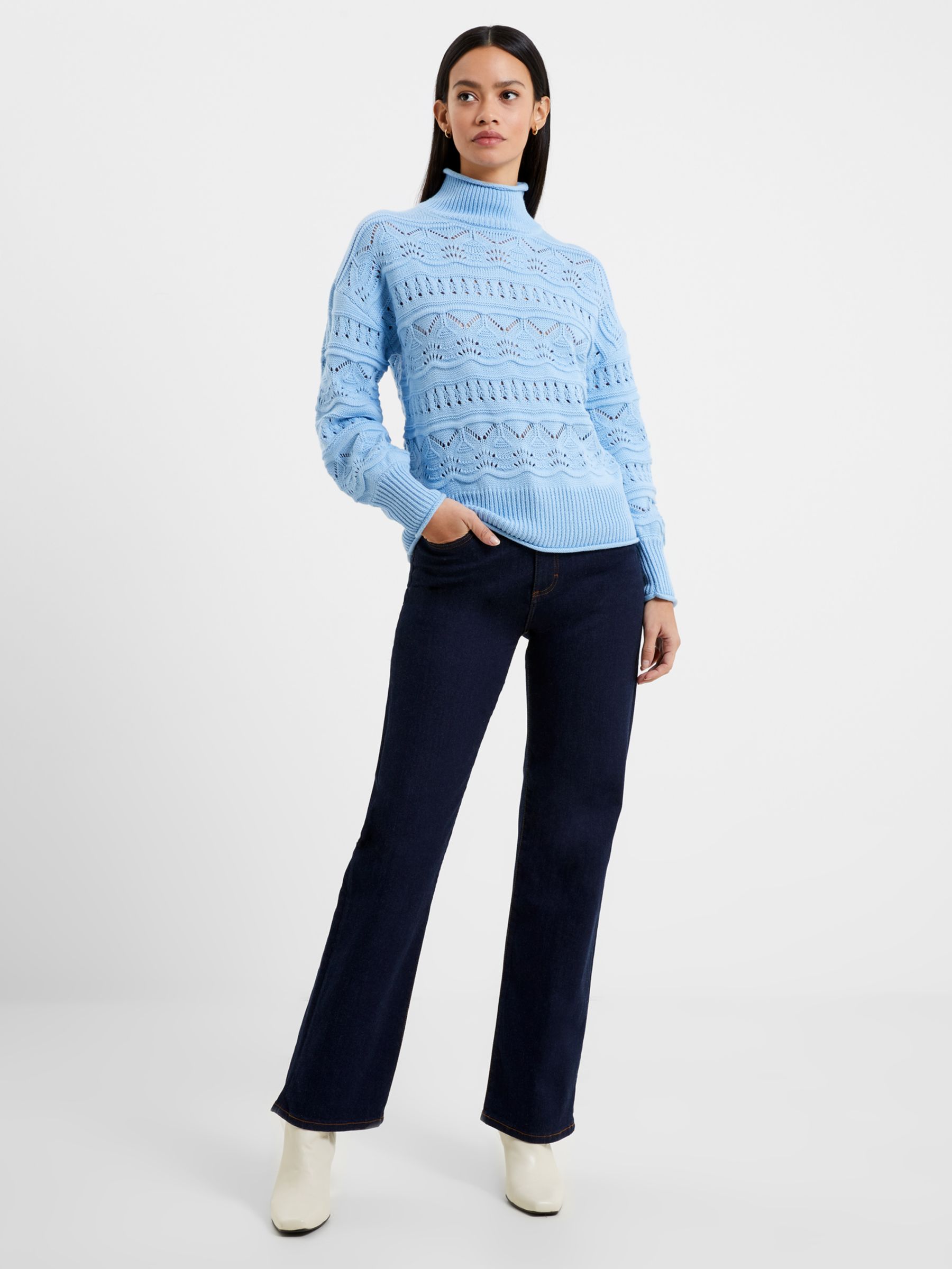 French Connection Linney Stitch Long Sleeve High Neck Jumper, Placid Blue