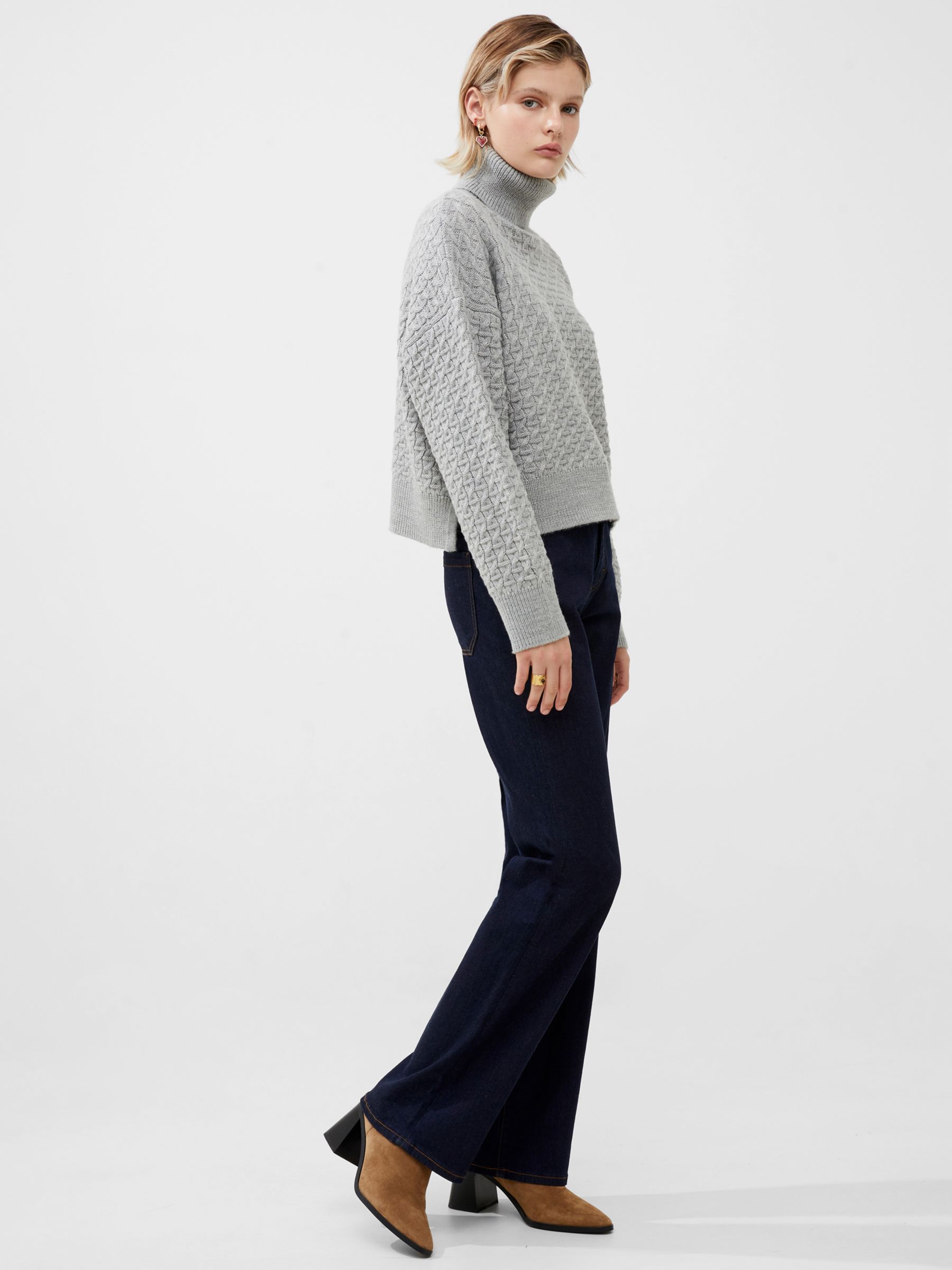 French Connection Jini Cable Knit Jumper, Light Grey Melange, XS