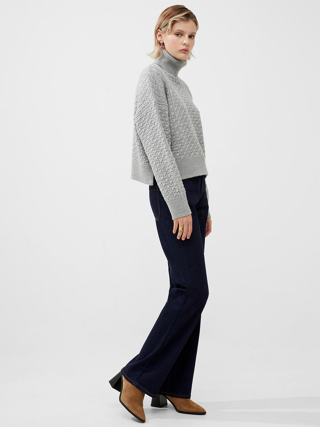 French Connection Jini Cable Knit Jumper, Light Grey Melange