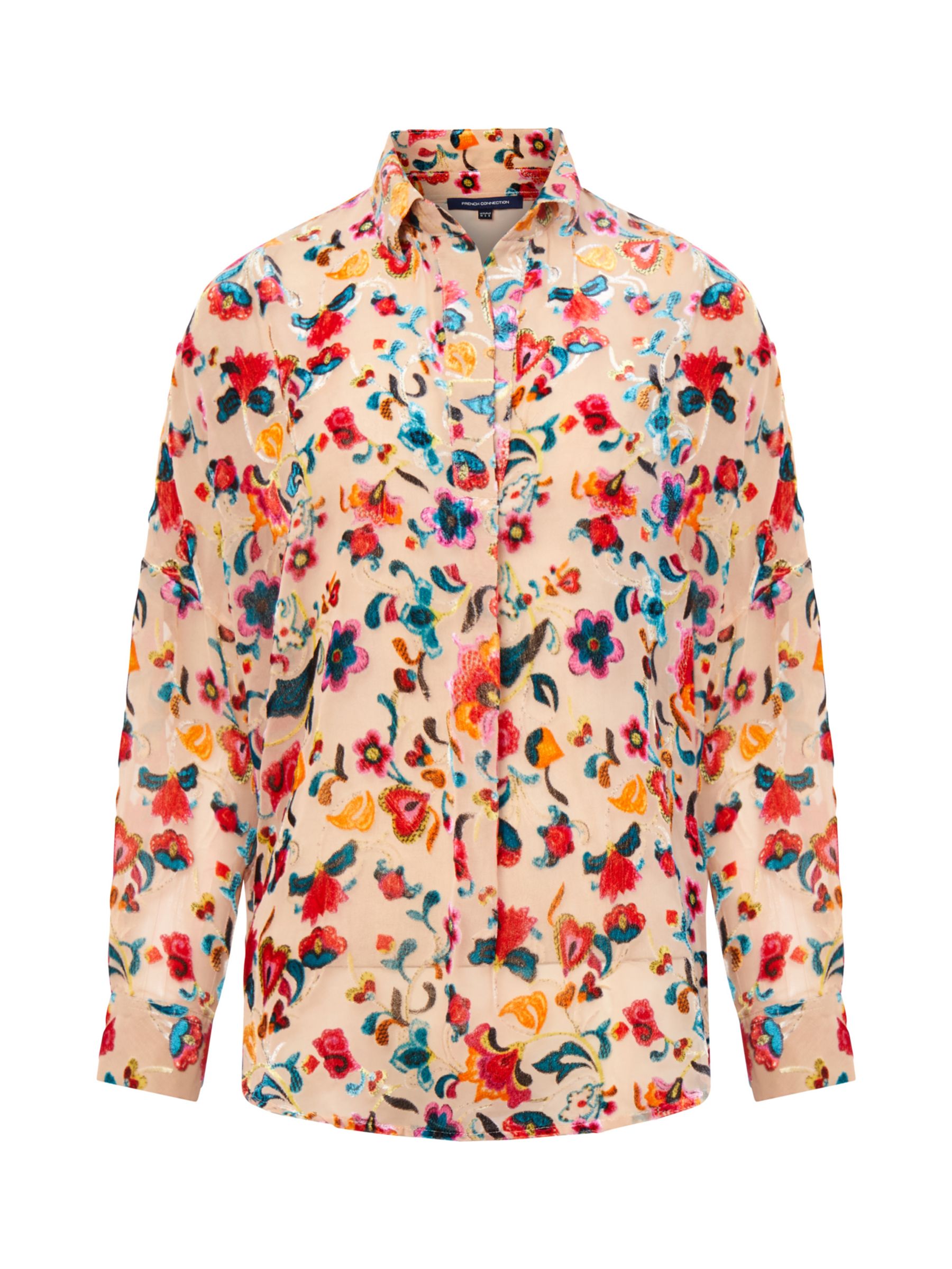 French Connection Avery Embroidered Floral Opaque Shirt, Toasted Almond ...