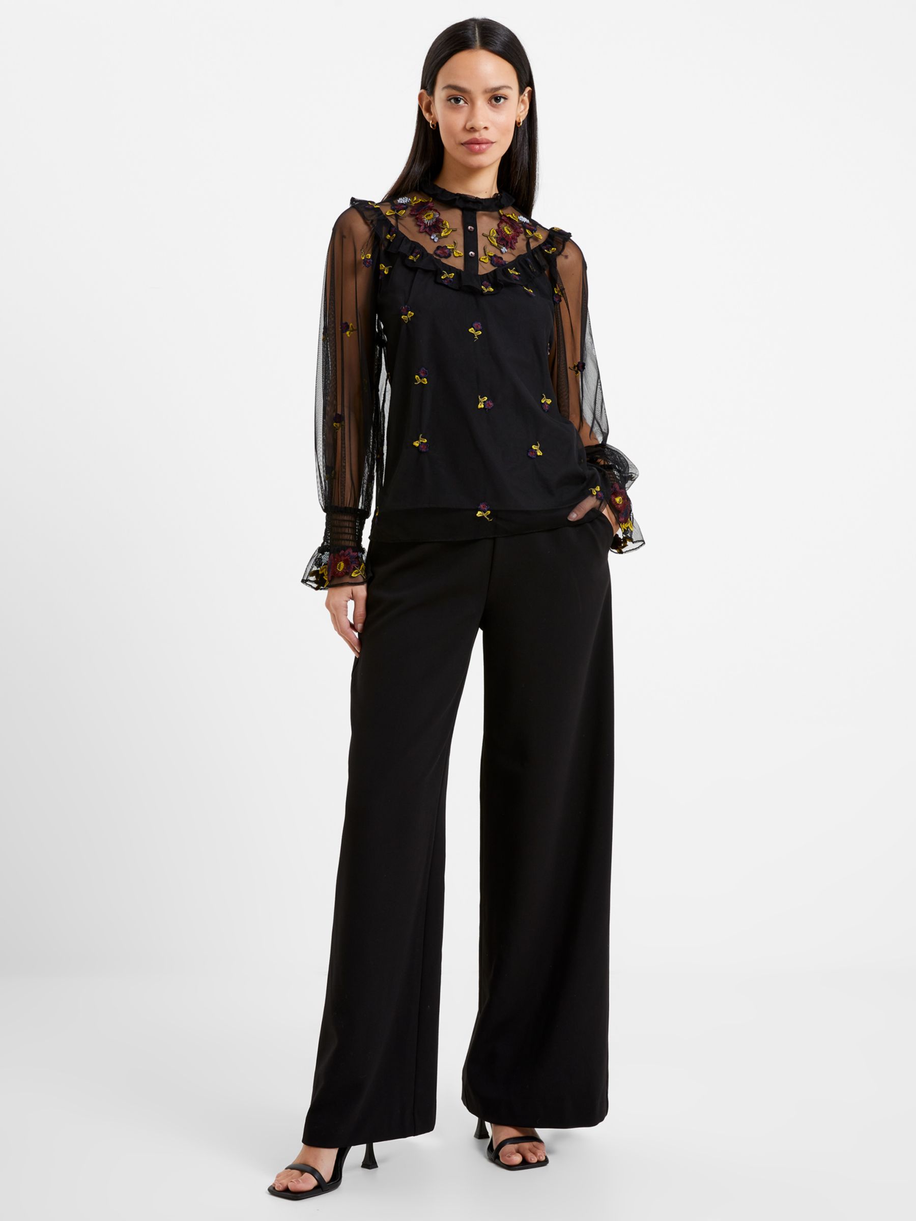 French Connection Camielle Embroidered Shirt, Black/Multi at John Lewis ...