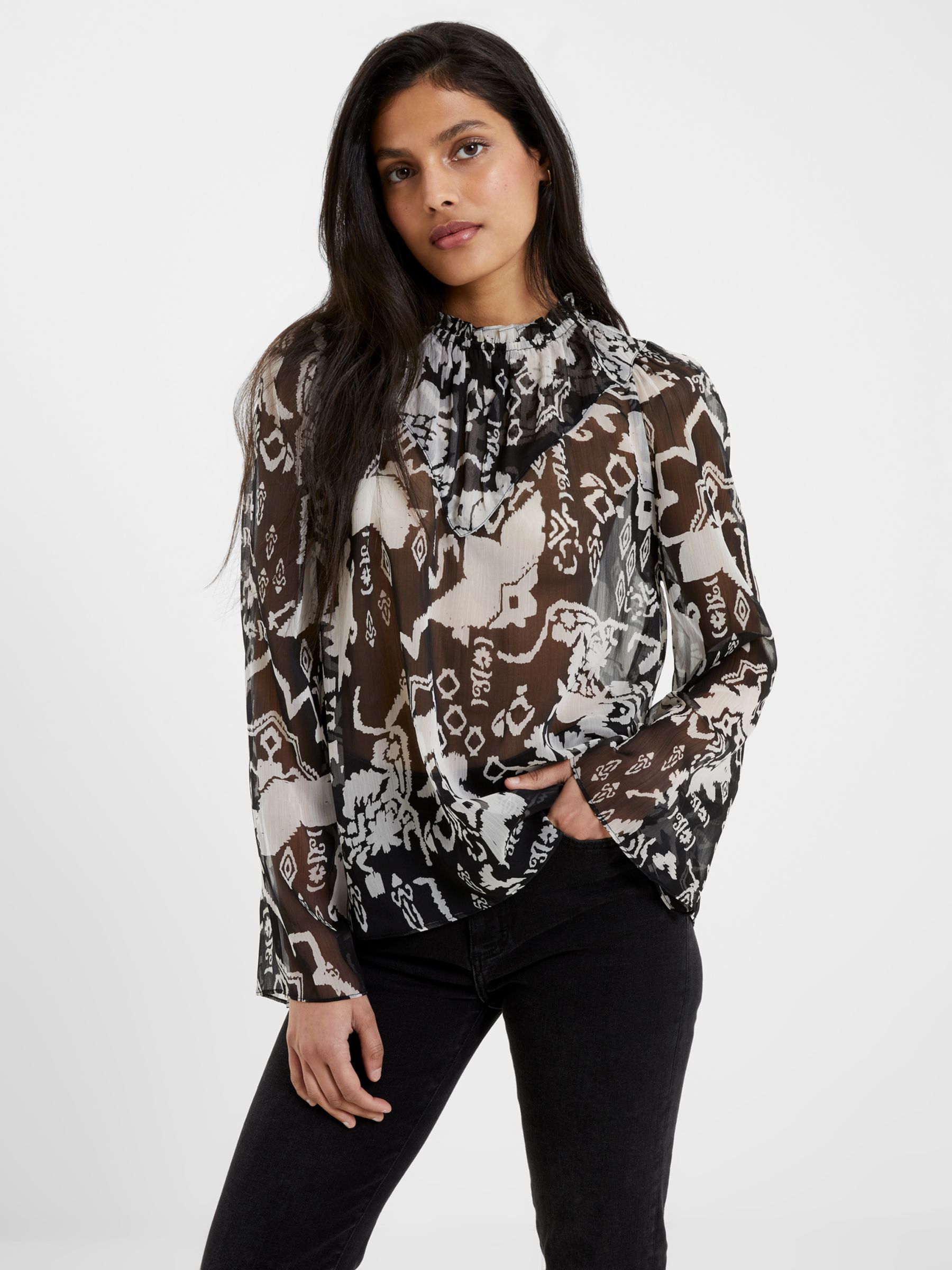 French Connection Deon Hallie High Neck Top, Black/Cream at John Lewis ...