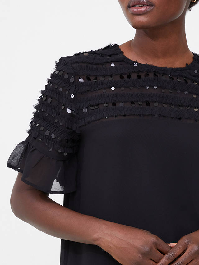 French Connection Carina Mesh Frill Detail Top, Blackout