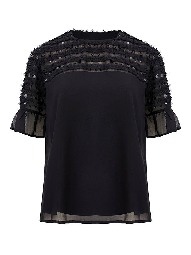 French Connection Carina Mesh Frill Detail Top, Blackout