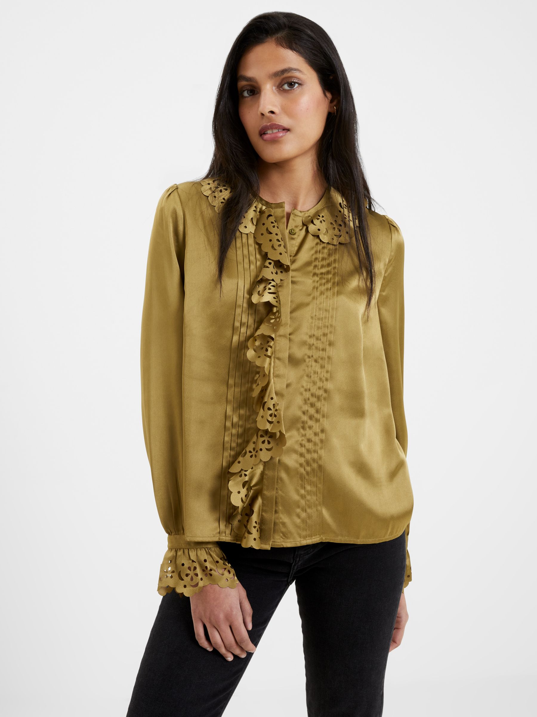 French Connection Aleeya Satin Lace Detail Blouse, Nutria at John Lewis ...