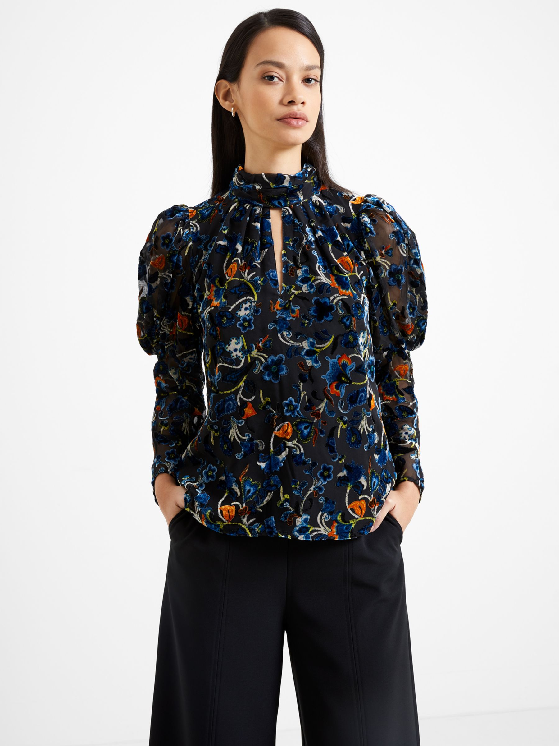 French Connection Avery Floral Embroidered High Neck Top, Blackout at ...