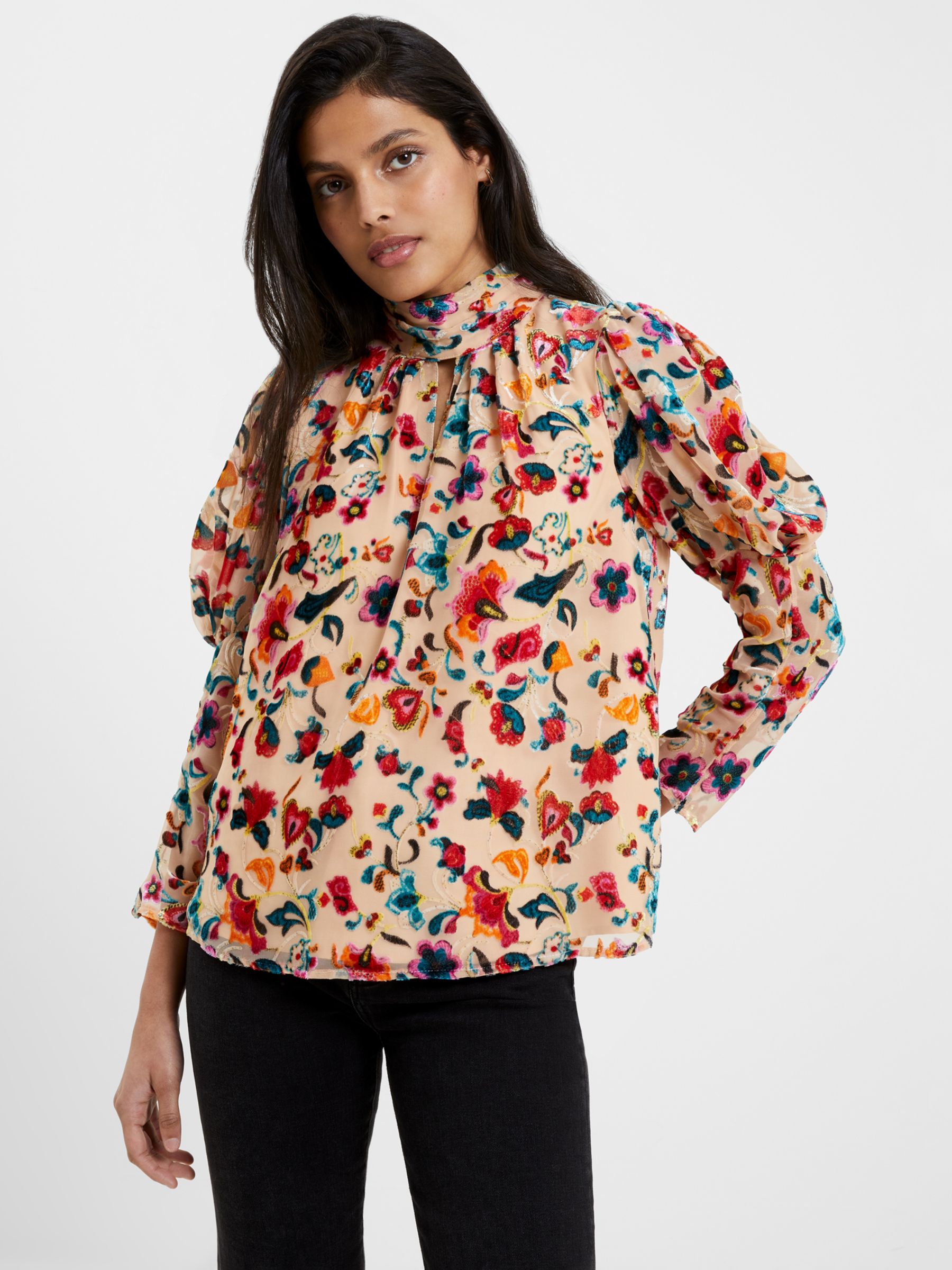 French Connection Avery Floral Embroidered High Neck Top, Toasted ...