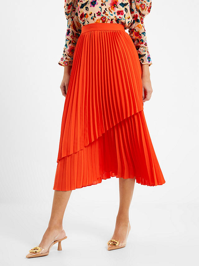 French Connection Arie Tiered Pleated Skirt, Mandarin Red
