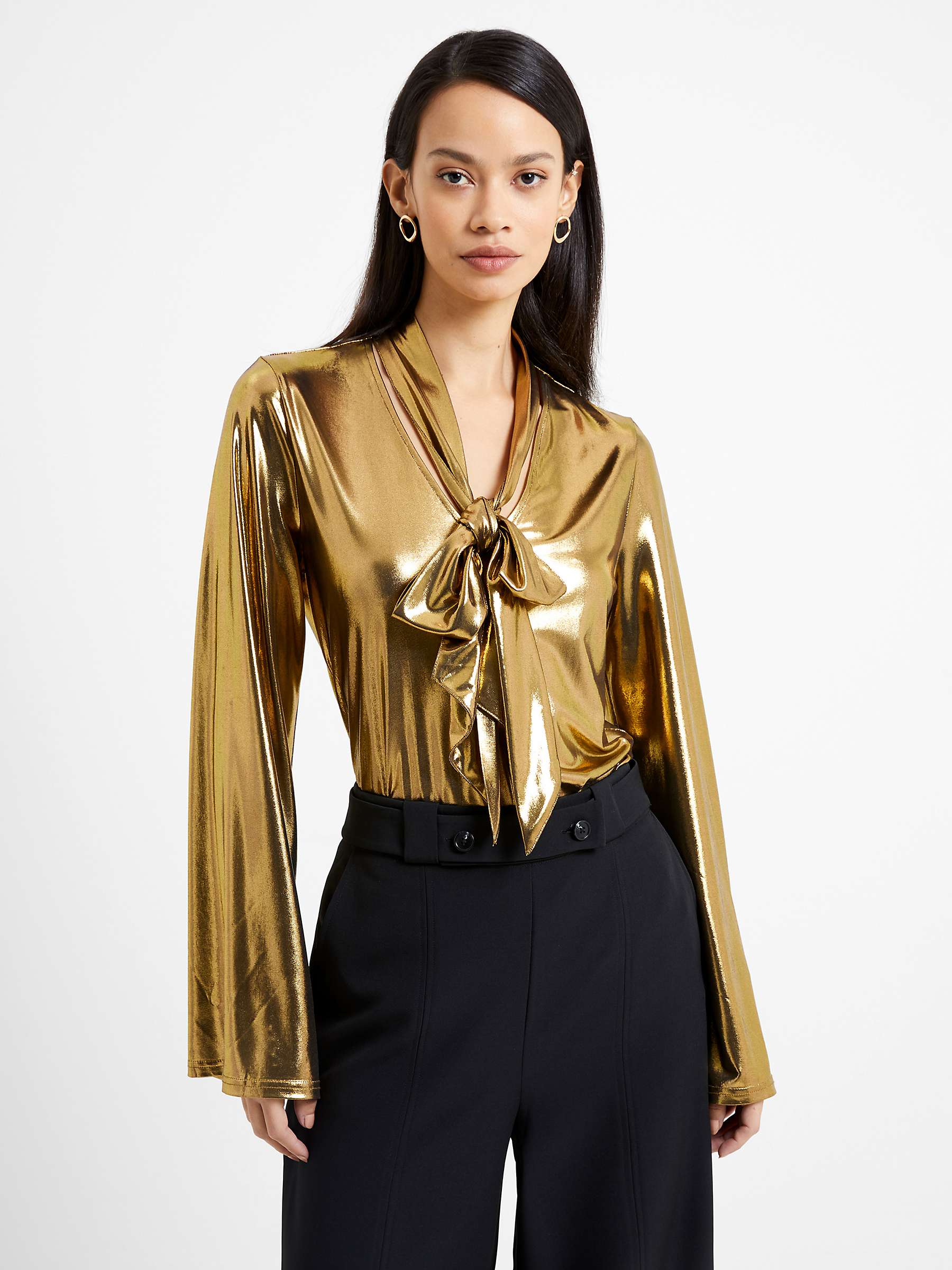 Buy French Connection Ronja Liquid Metal Tie Neck Top, Gold Online at johnlewis.com