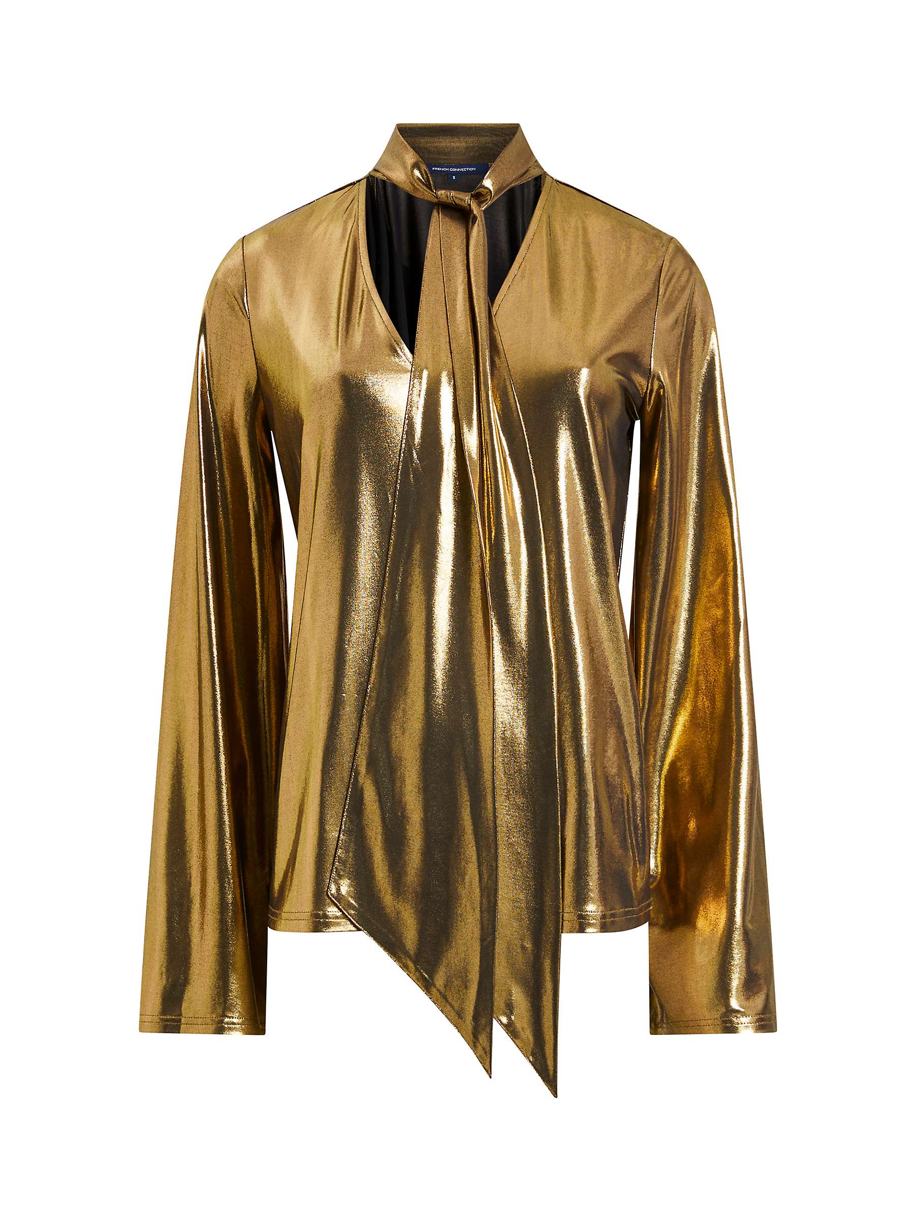 French Connection Ronja Liquid Metal Tie Neck Top, Gold at John Lewis ...