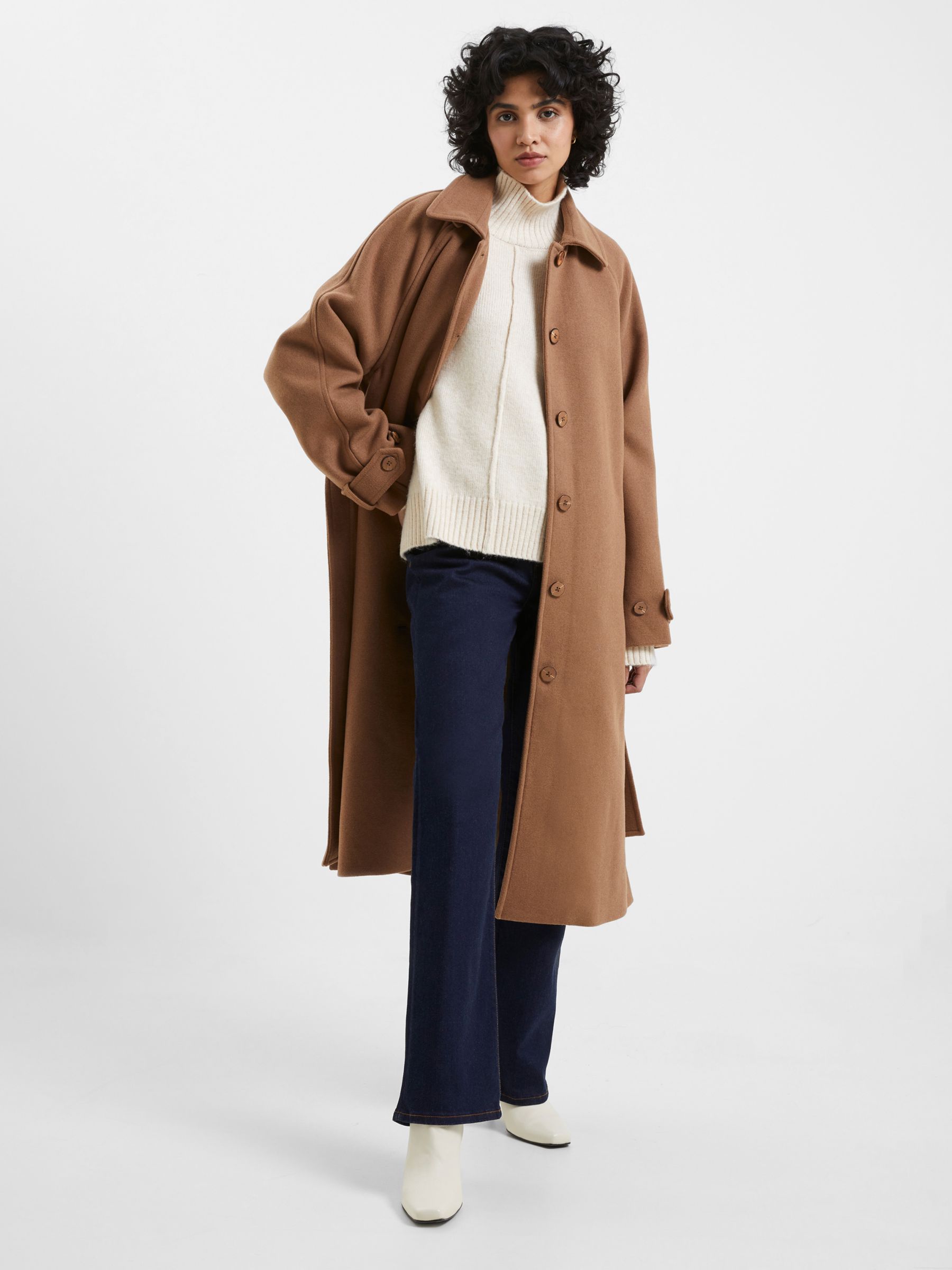 French Connection Fawn Wool Blend Trench Coat, Tobacco Brown, XS
