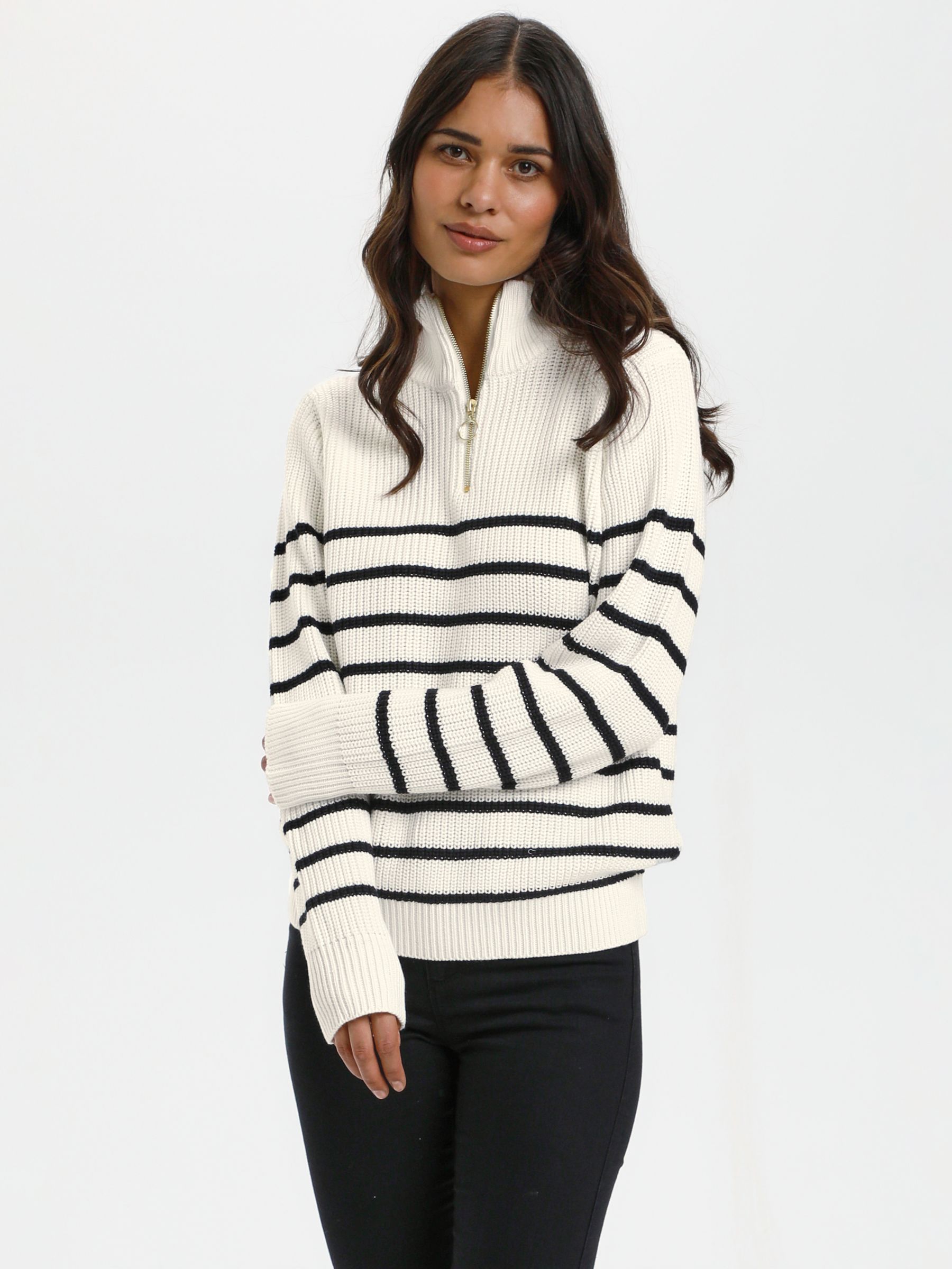 KAFFE Lioa Zipper Stripe Pullover, Chalk/Black at John Lewis & Partners