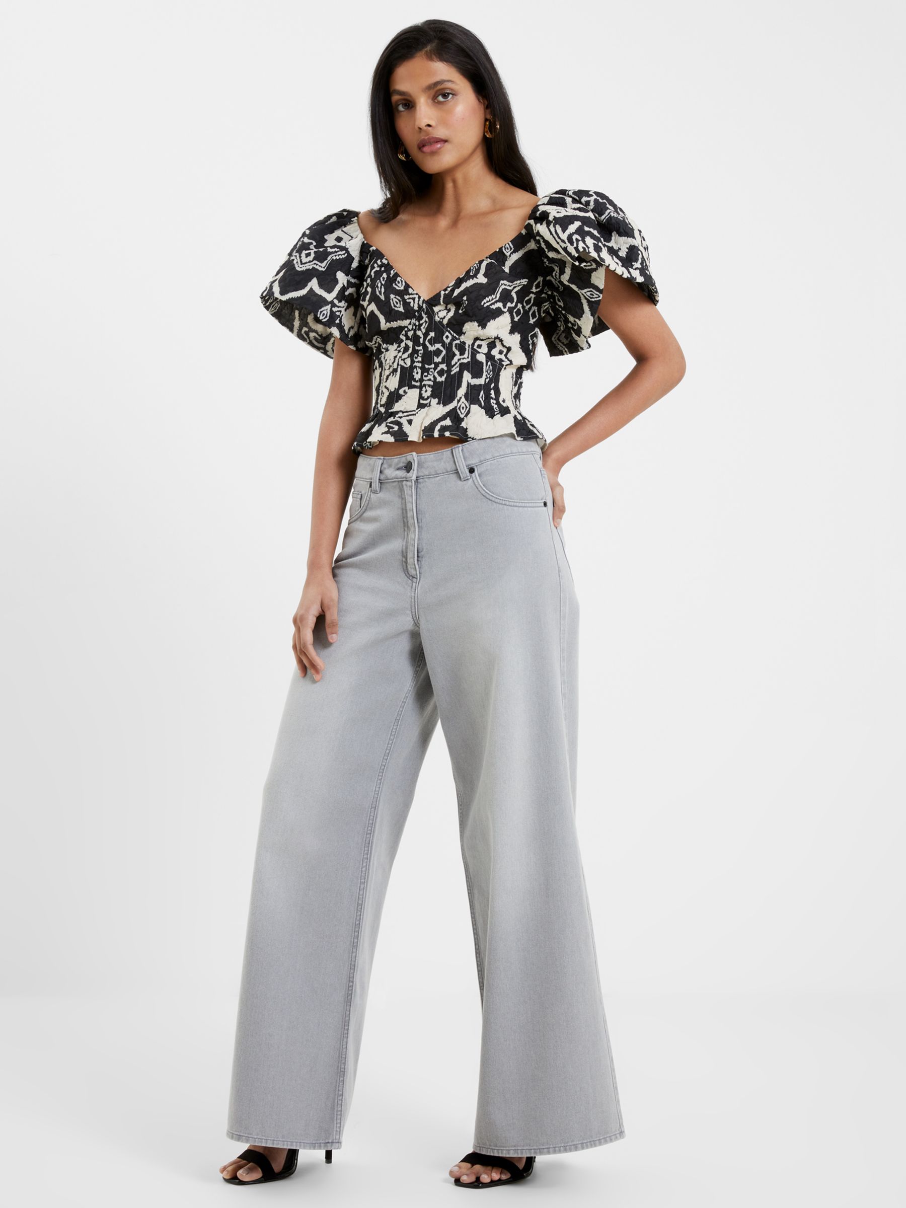 French Connection Deon Candra Jacquard Top, Black/Cream at John Lewis &  Partners