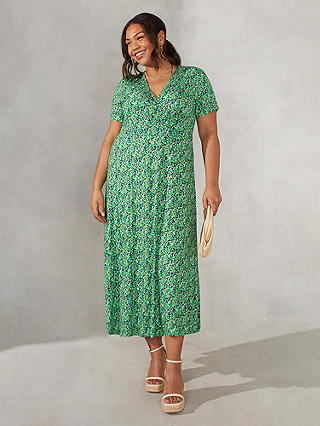 Live Unlimited Curve Ditsy Print Jersey Wrap Midi Dress, Green