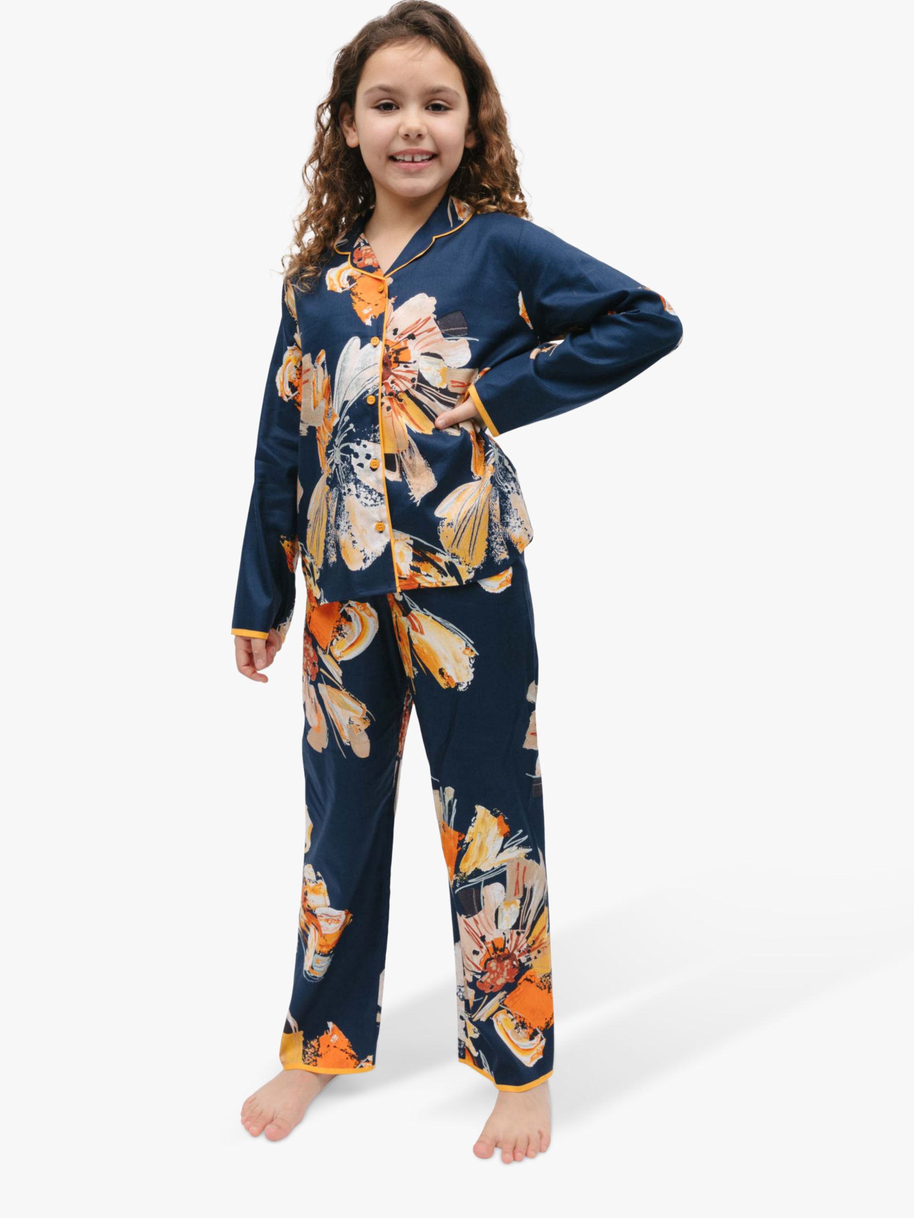 Minijammies Cosmo Floral Print Pyjamas, Navy/Orange, 2-3 years