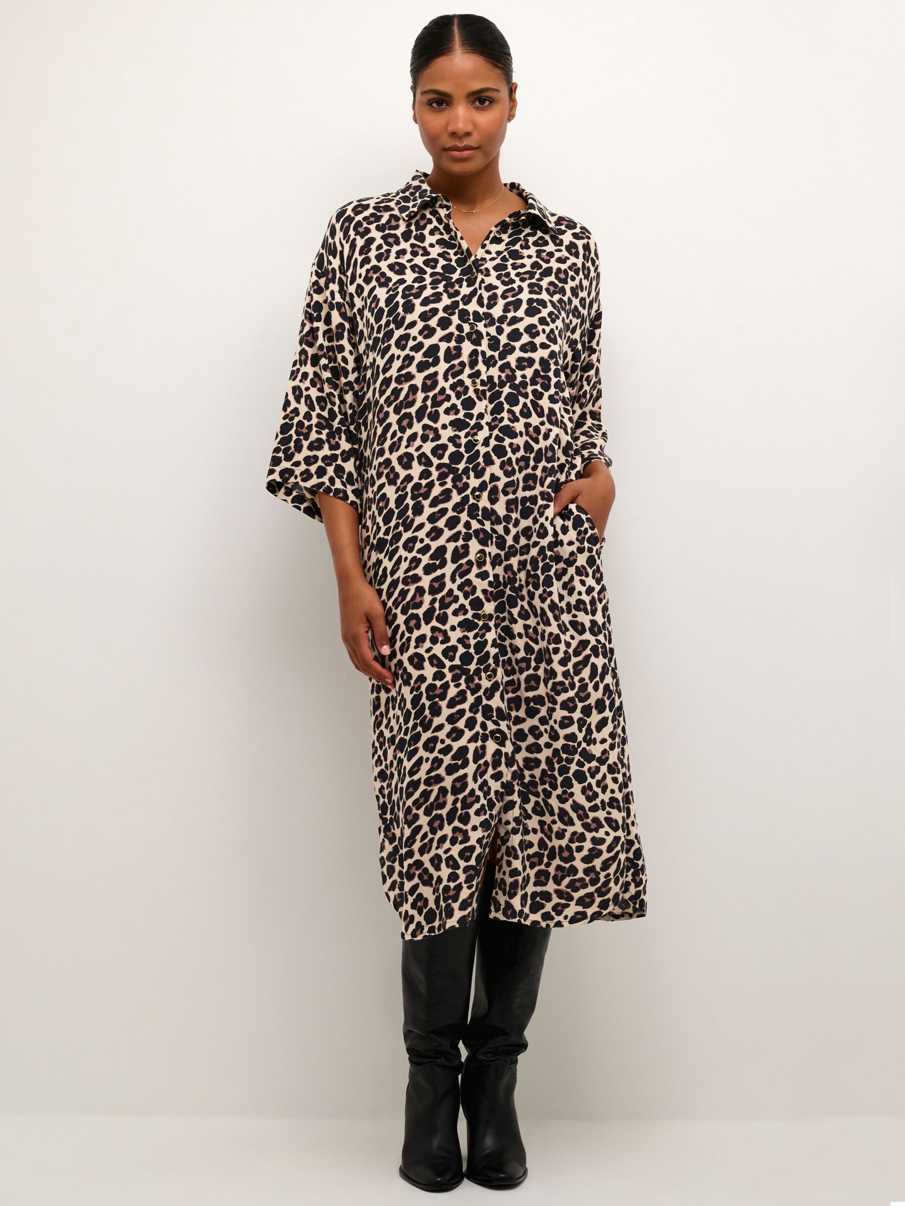 KAFFE Marta Midi Shirt Dress, Black/Leopard Print at John Lewis & Partners