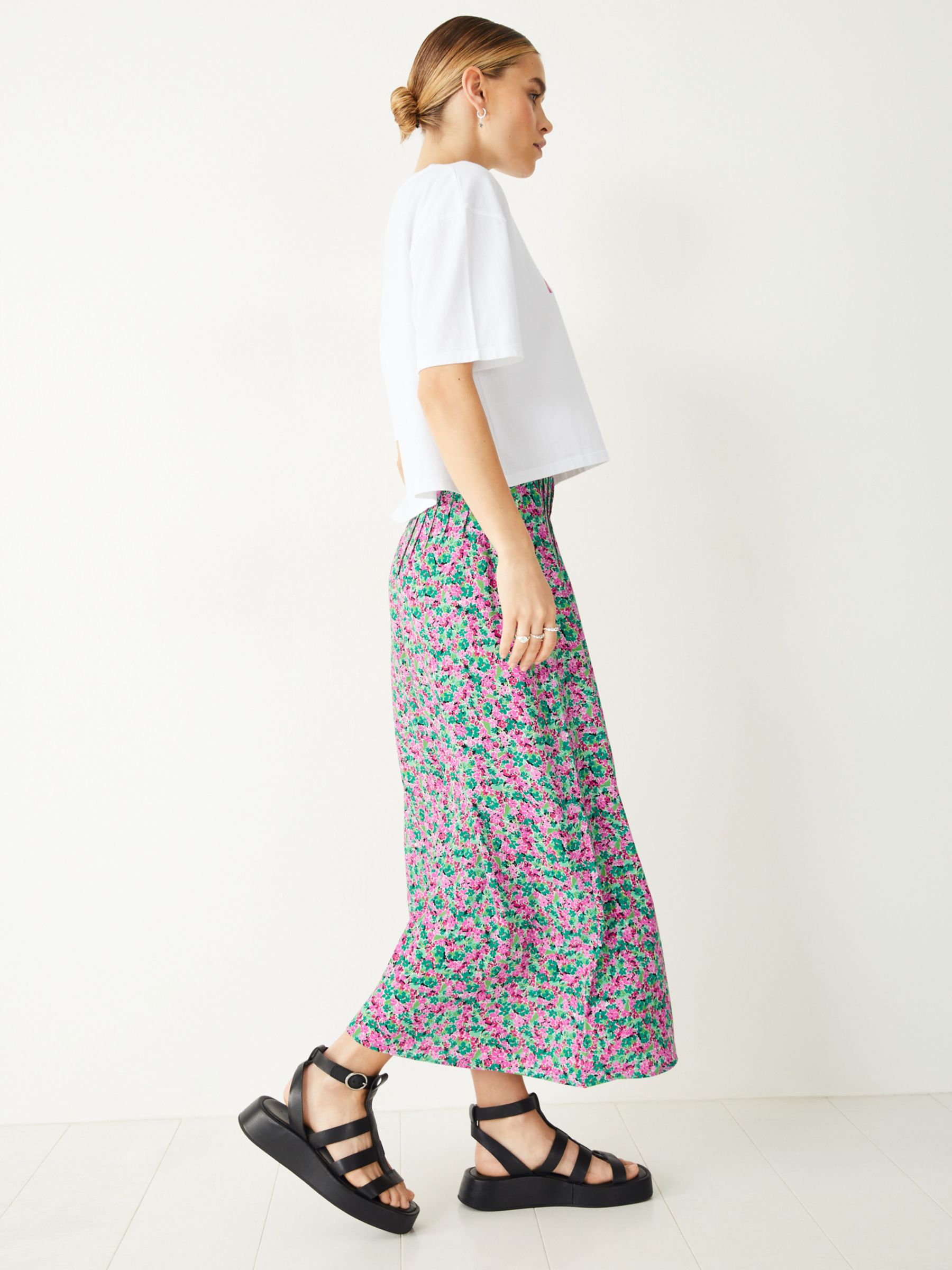 Buy HUSH Tammy Watercolour Floral Midi Skirt, Pink/Green Online at johnlewis.com