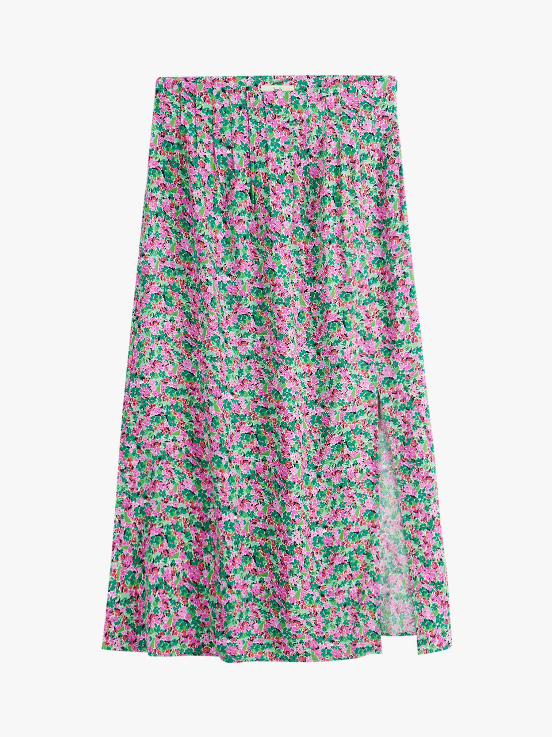 HUSH Tammy Watercolour Floral Midi Skirt, Pink/Green, 4