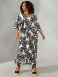 Live Unlimited Curve Monochrome Palm Print V Neck Maxi Dress, Black